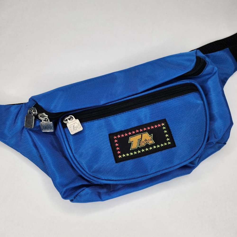 Retro 80s Blue TA Fanny Pack 3 Pocket Bum Bag Waist Wallet Crossbody